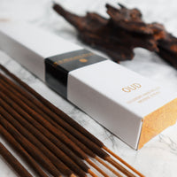 Oud Prachin- Organic Hand-rolled incense sticks coated with oud dust. Infused with saffron, osmanthus & spikenard- Box of 10