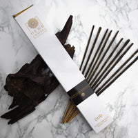 Egyptian Bakhoor - Organic Hand-rolled incense sticks coated with oud & sage dust. Infused with smokey lavender, citrusy frankincense, patchouli & oud - Box of 10