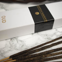 Egyptian Bakhoor - Organic Hand-rolled incense sticks coated with oud & sage dust. Infused with smokey lavender, citrusy frankincense, patchouli & oud - Box of 10