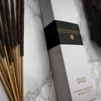 Egyptian Bakhoor - Organic Hand-rolled incense sticks coated with oud & sage dust. Infused with smokey lavender, citrusy frankincense, patchouli & oud - Box of 10