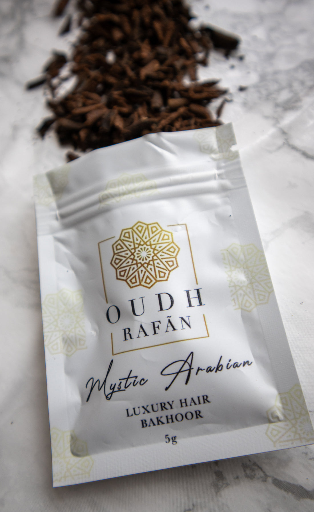 Organic Hair Bakhoor Chips - Mystic Arabian - coated with oud & sage dust. Infused with smokey lavender, citrusy frankincense, patchouli & oud - 5g