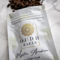 Organic Hair Bakhoor Chips - Mystic Arabian - coated with oud & sage dust. Infused with smokey lavender, citrusy frankincense, patchouli & oud - 5g