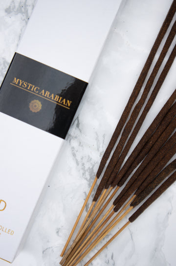 Mystic Arabian - Organic Hand-rolled incense sticks coated with oud & sage dust.  Infused with smokey lavender, citrusy frankincense, patchouli & oud - Box of 10